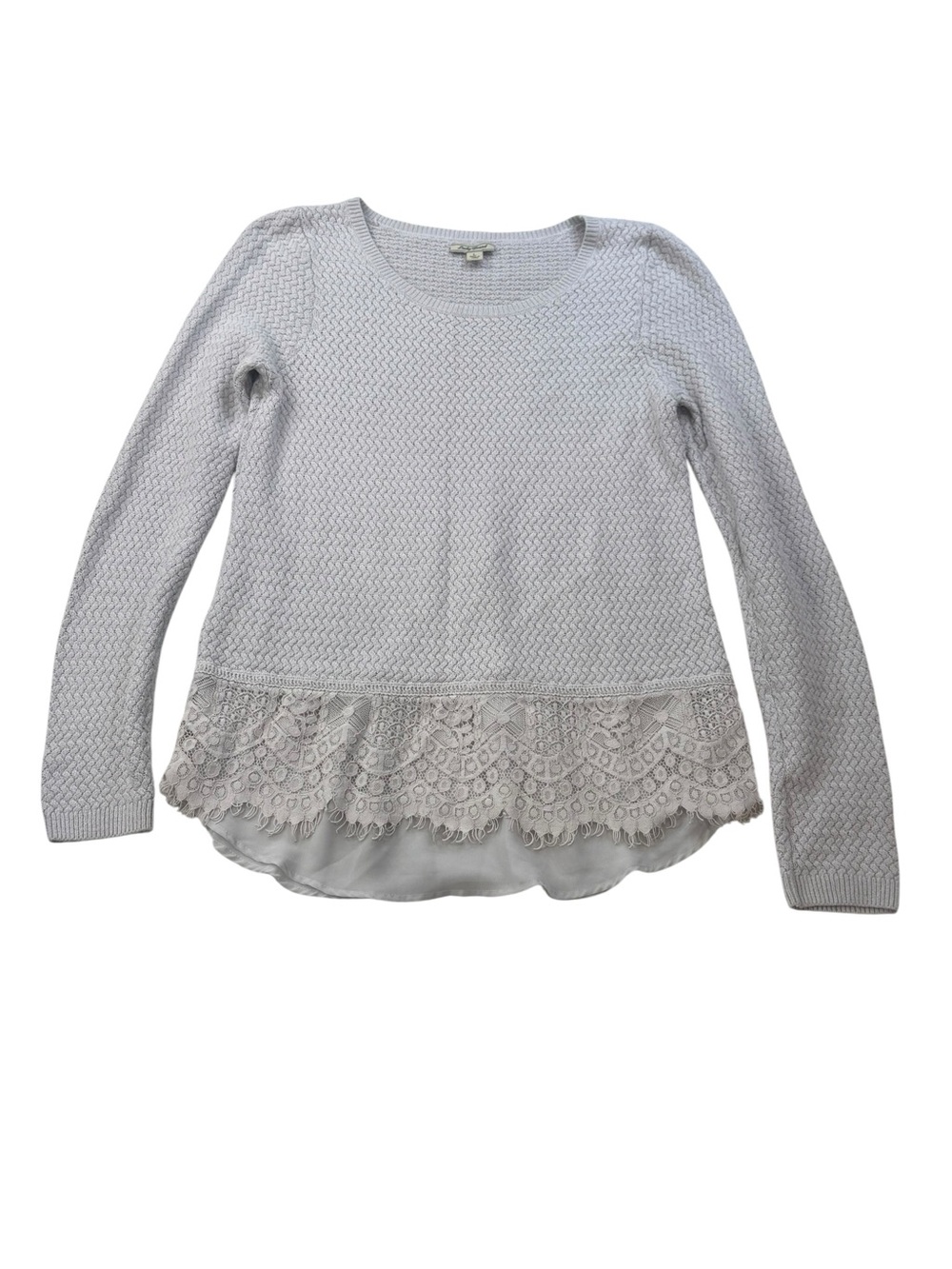 Lucky Brand Basket Knit Light Gray Lace-Hem Sweater Womens Size Large
